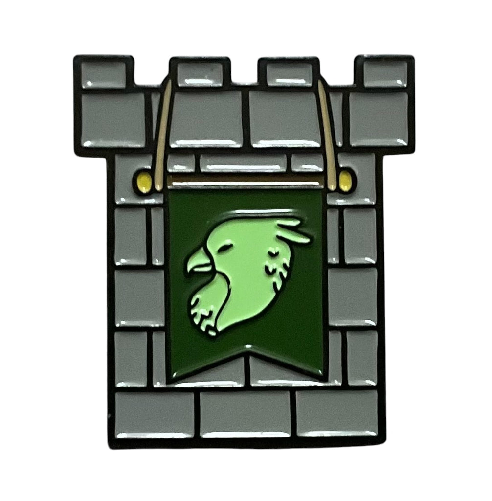 A collectible enamel pin featuring a green and gray emblem of the R4i Griffin on a castle tower background.