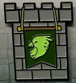 A collectible enamel pin featuring a green and gray emblem of the R4i Griffin on a castle tower background.