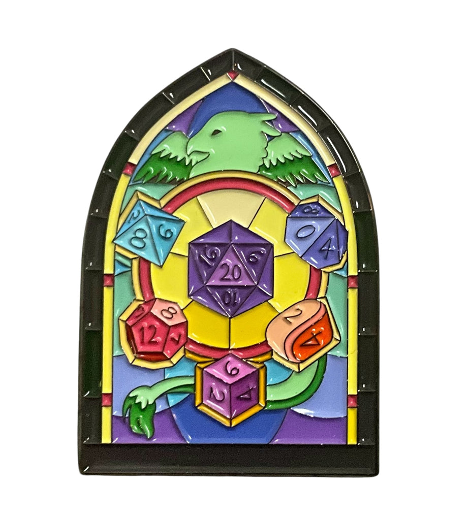 A colorful stained glass window design featuring dice symbols and a griffin in the background.