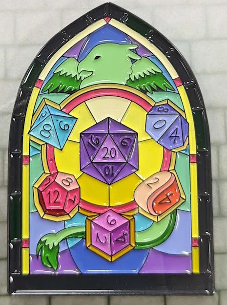 A colorful stained glass window design featuring dice symbols and a griffin in the background.