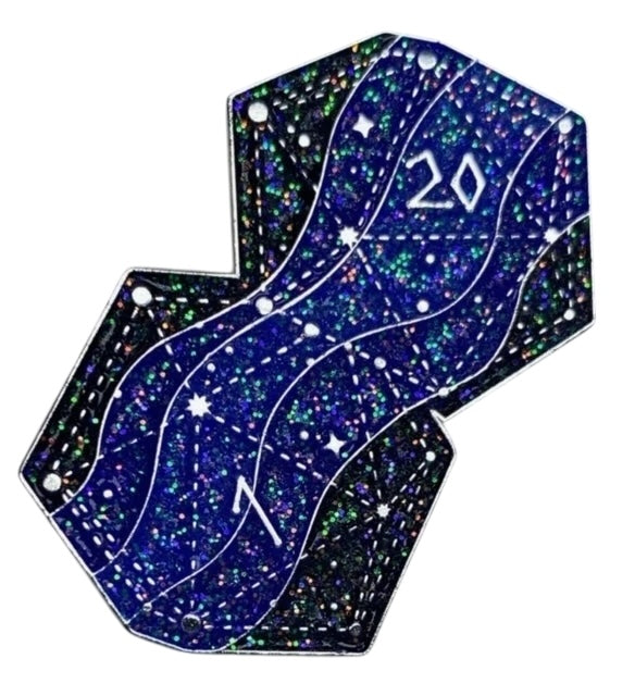 A glittering enamel pin with a d20 shaped constellation design, featuring deep midnight blue hues and stars, intended for use as a collectible accessory.
