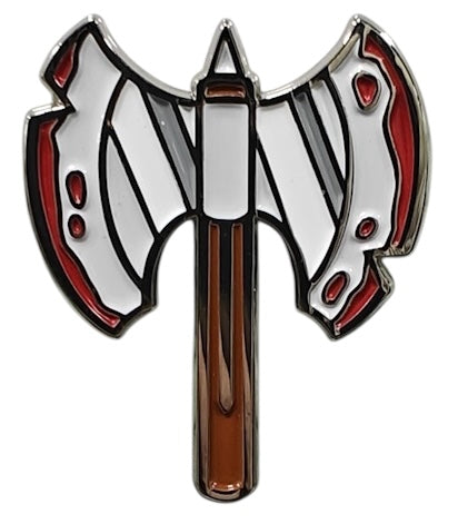 A beautiful enamel pin depicting the bloodstained Great Axe of a Barbarian character. A rough and rugged weapon for anyone who wants to RAGE.