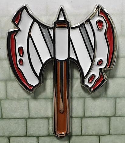 A beautiful enamel pin depicting the bloodstained Great Axe of a Barbarian character. A rough and rugged weapon for anyone who wants to RAGE.