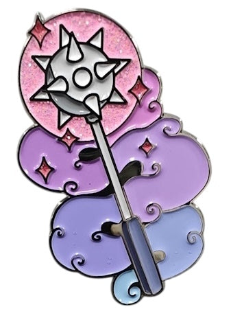 A beautiful enamel pin depicting a Cleric classes' divine magic emanating in pinks and blues around their enchanted Morningstar.