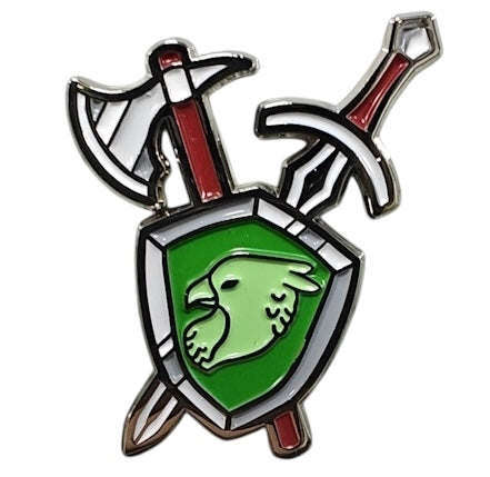 A beautiful enamel pin depicting a Fighter classes' arsenal: a crossed axe and broadsword behind a shield emblazoned with the R4i symbol