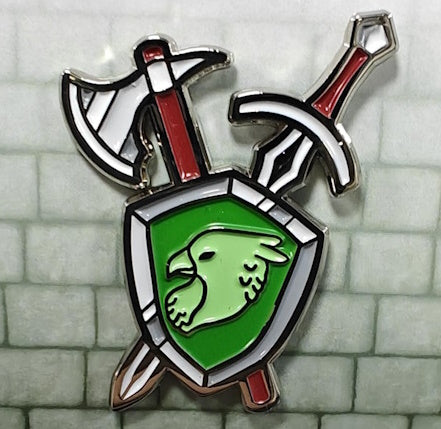 A beautiful enamel pin depicting a Fighter classes' arsenal: a crossed axe and broadsword behind a shield emblazoned with the R4i symbol