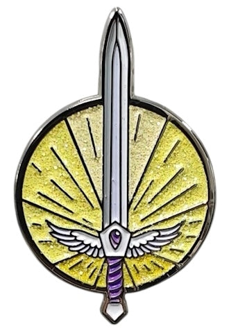 A glittering enamel pin featuring the Paladin character class with yellow and purple colors, and a depiction of a sword and holy aura.