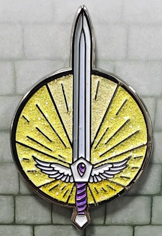 A glittering enamel pin featuring the Paladin character class with yellow and purple colors, and a depiction of a sword and holy aura.