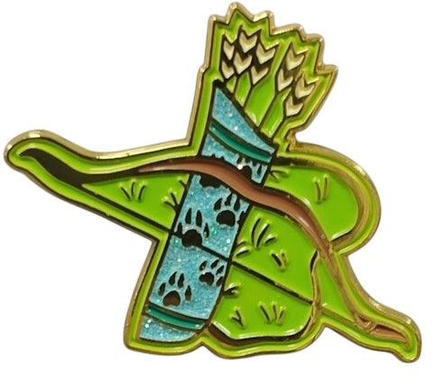 A glittering enamel pin shaped like a Ranger character class emblem, featuring green, teal, gold, and multicolored details.