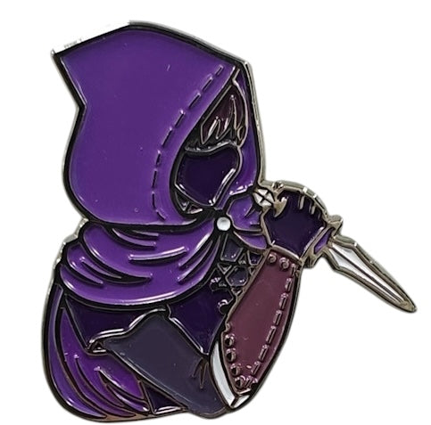 A 1.5 inch enamel pin featuring a stylized purple rogue character with a purple cloak and dagger.