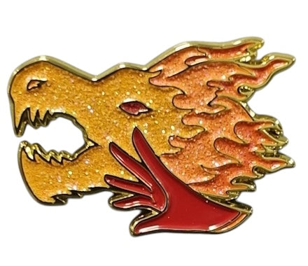 A beautiful red and orange pin depicting a hand conjuring a fiery dragon, a representation of the Sorcerer D&D class.