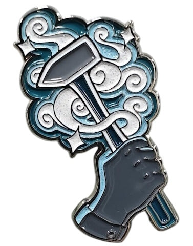 A glittering enamel pin featuring the Artificer character class with a design that includes teal, black, and grey colors, and a representation of a character's hand holding a smithy's hammer.