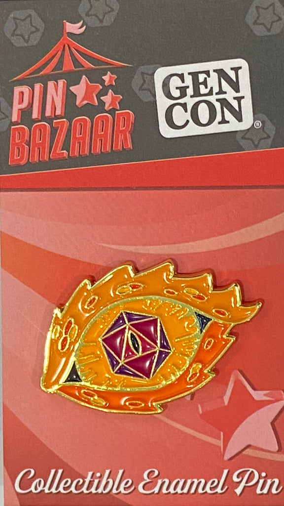 Dragon eye collectible enamel pin from the 2024 Gen Con Pin Bazaar on backing card