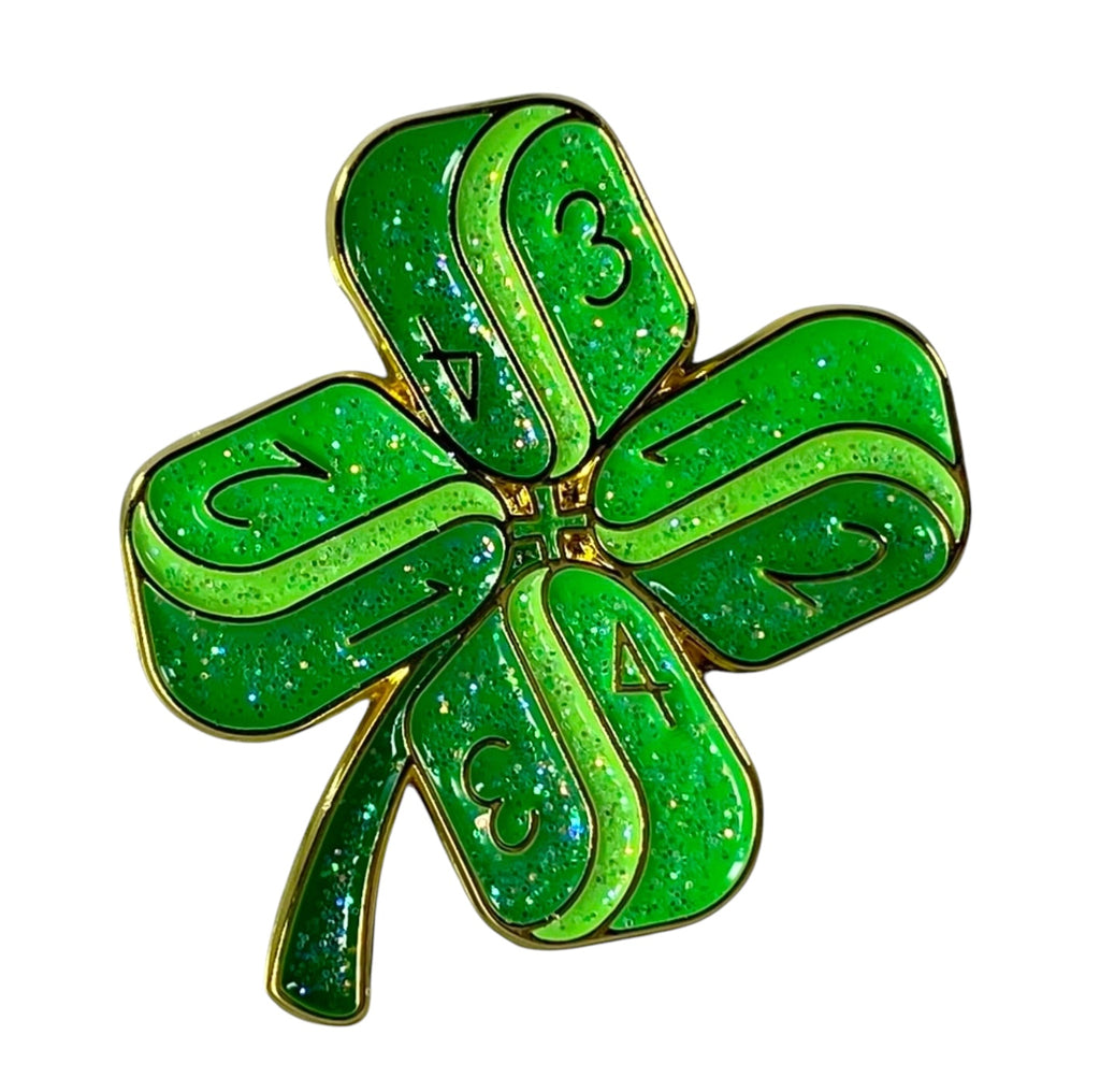 Hard enamel pin to depict a lucky 4-leaf clover made up of Arch'd4s, packaged in a polybag with backing card containing description, SKU, and UPC barcode.