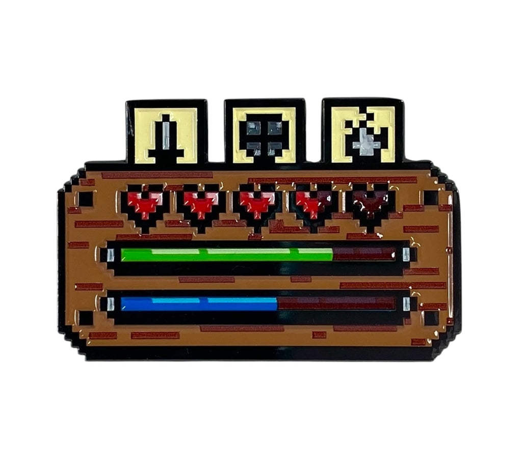 A collectible enamel pin featuring a pixel-style character stat bar with health, stamina, and magic levels, along with action hotkeys.