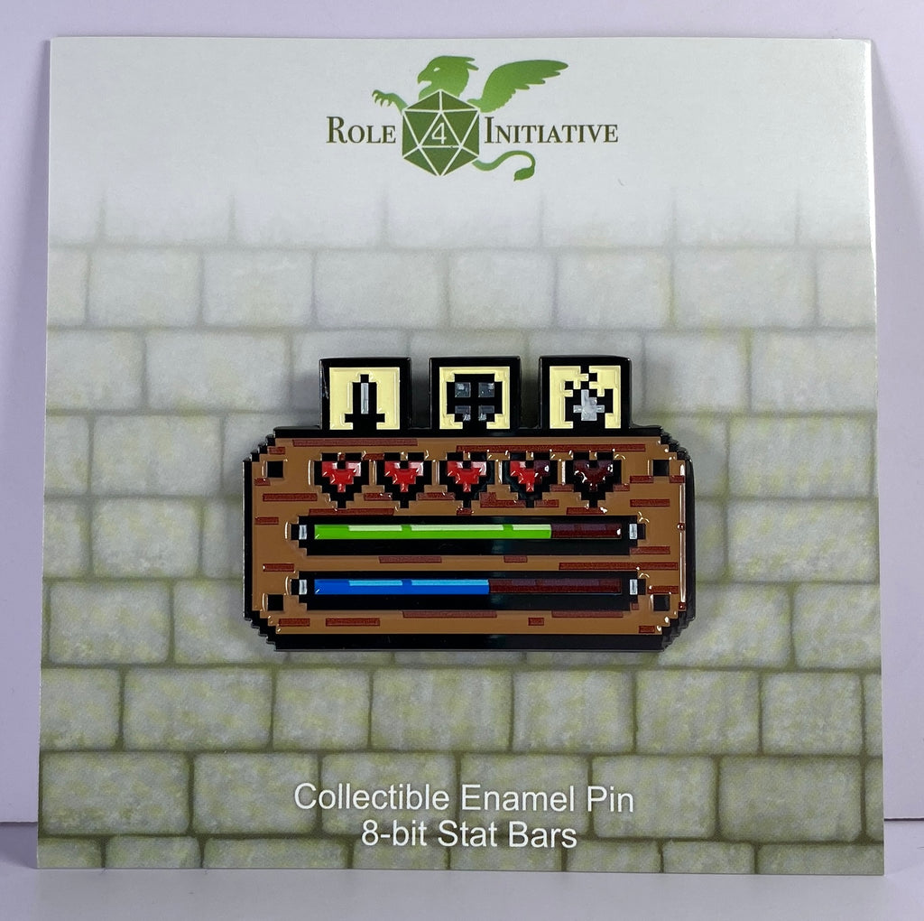 A collectible enamel pin featuring a pixel-style character stat bar with health, stamina, and magic levels, along with action hotkeys.