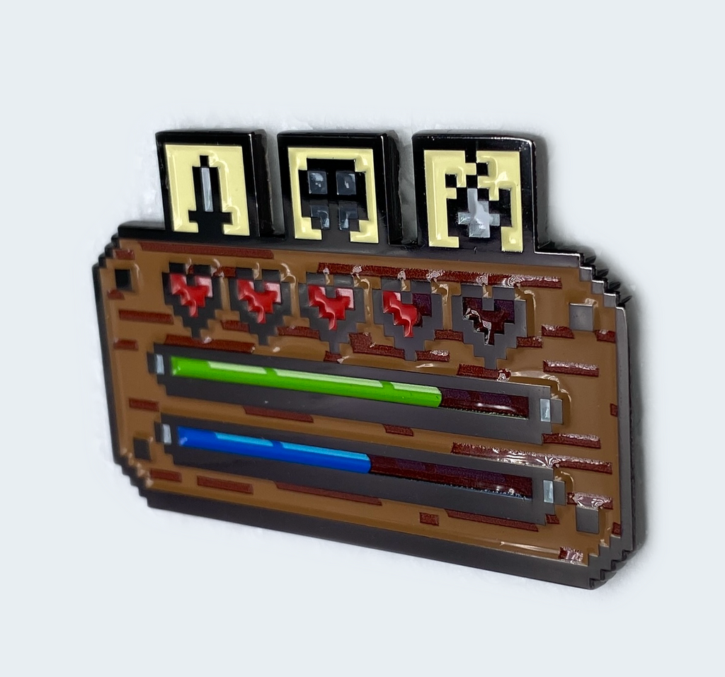 A collectible enamel pin featuring a pixel-style character stat bar with health, stamina, and magic levels, along with action hotkeys.