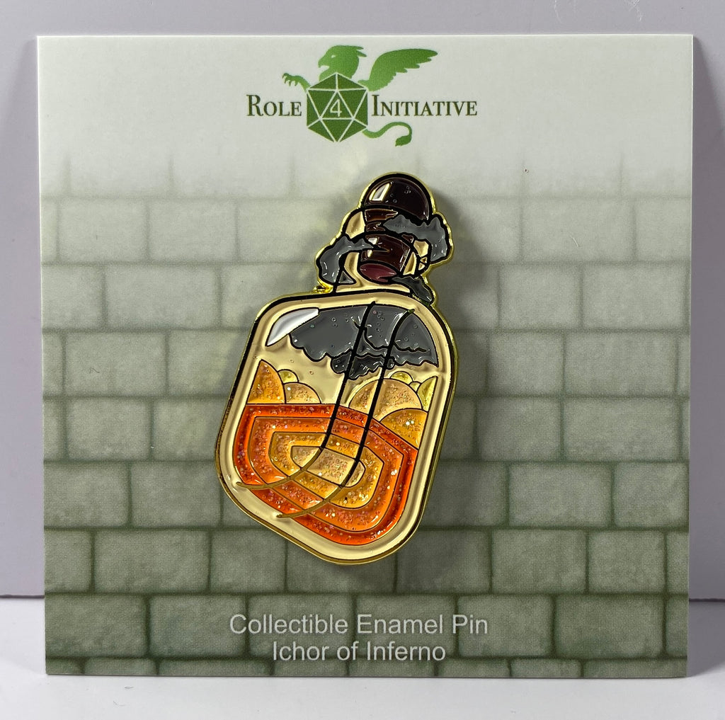 A glittering enamel pin depicting a magmatic potion bottle with orange and dark grey layers, surrounded by swirling black clouds of ash and smoke.