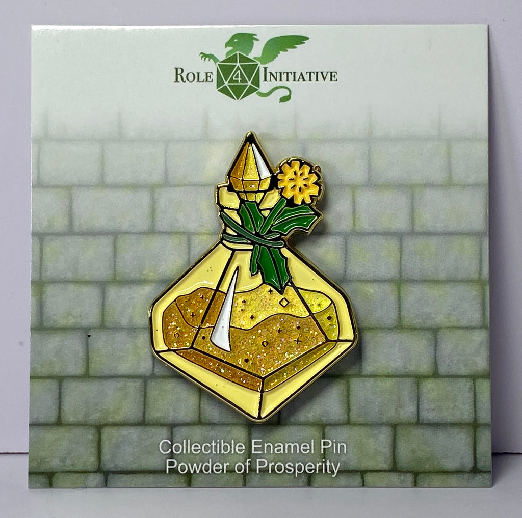 A collectible enamel pin featuring a d10-shaped yellow wish-granting pollen bottle with a dandelion tied to the neck, surrounded by glittery powder.