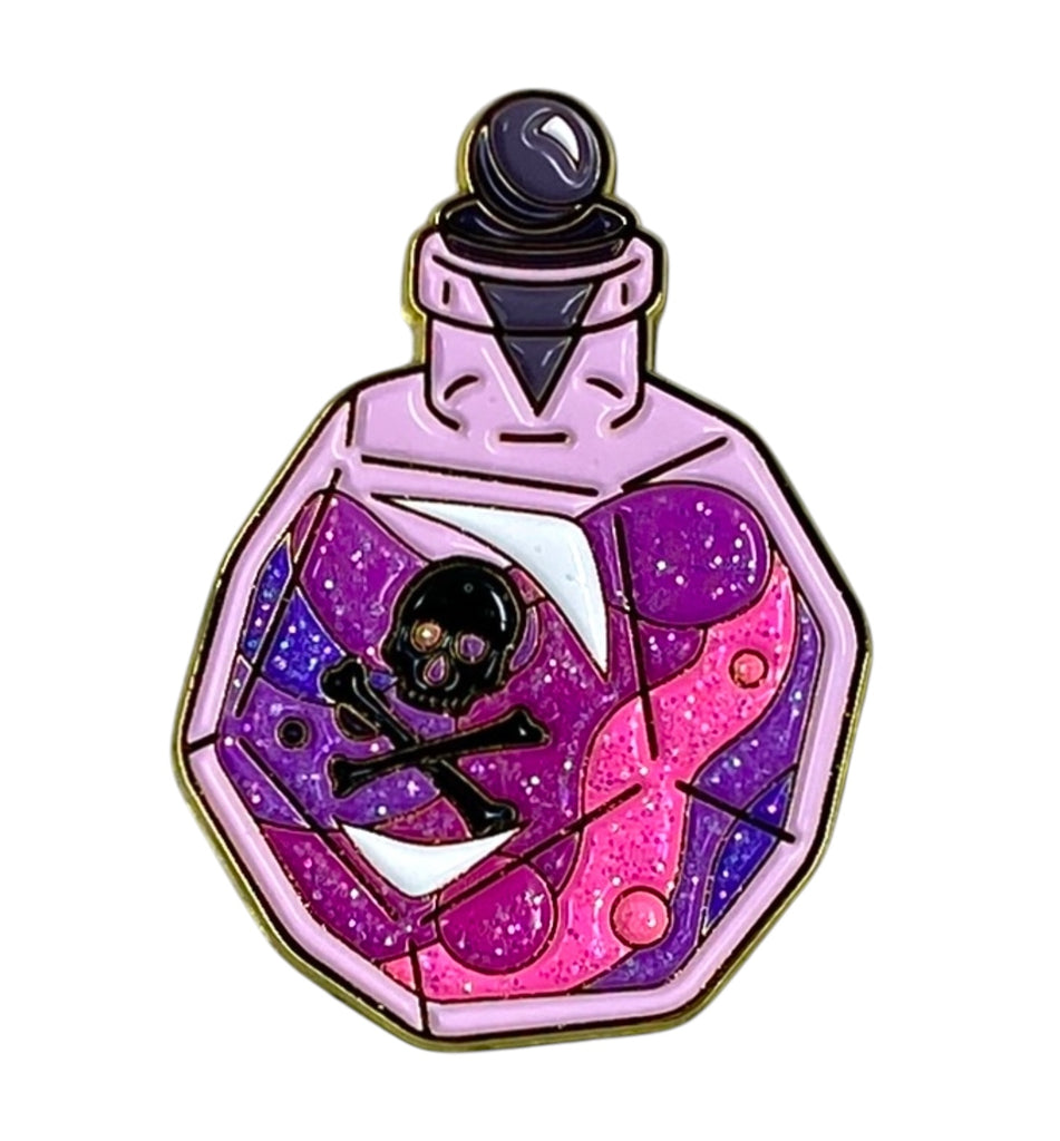 A glittering enamel pin shaped like a d12-shaped poison bottle with a black symbol of death and swirling violet and pink hues.