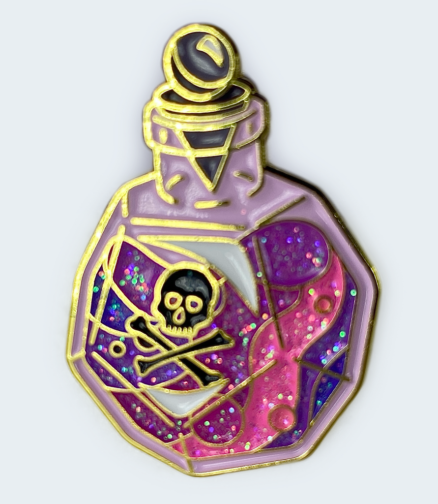 A glittering enamel pin shaped like a d12-shaped poison bottle with a black symbol of death and swirling violet and pink hues.