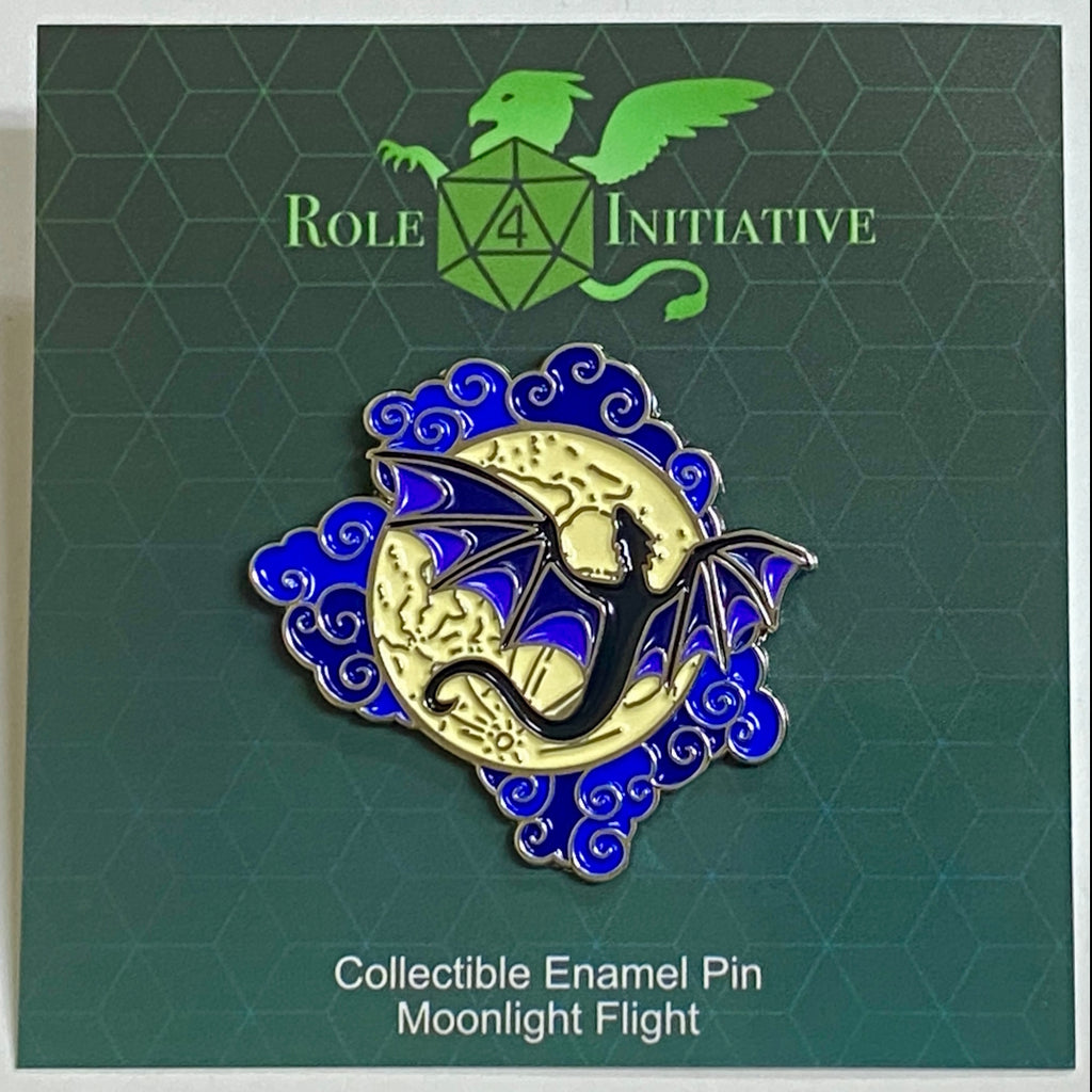 Collectible enamel pin with dragon design on a green card with 'Role 4 Initiative' branding.