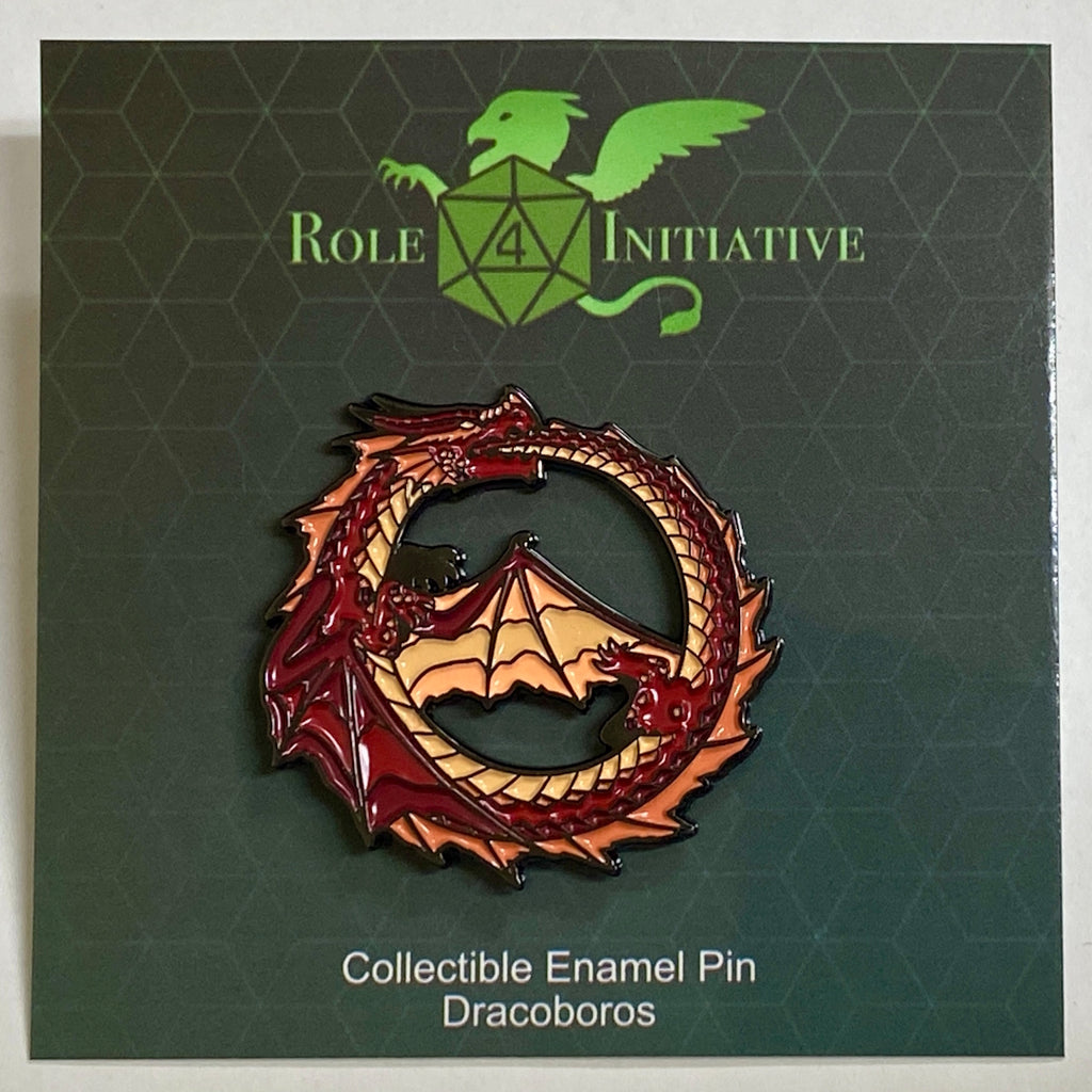 Collectible enamel pin of Dracoboros on a green background with Role Initiative logo.