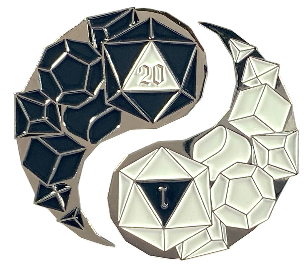Geometric Yin and Yang 2-pin set design featuring polyhedral shapes, with the white side with a 1 on the d20, and the black side showing a nat 20. This set has 2 separate pins that can be worn together or separately.