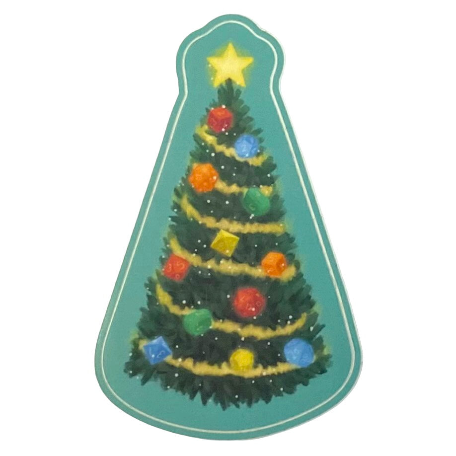 Photo shows a sticker of a Christmas tree decorated with dice-shaped ornaments