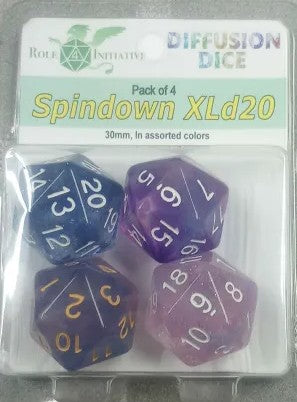 A pack of 4 30mm XL D20s in the spindown style for games like Magic the Gathering.