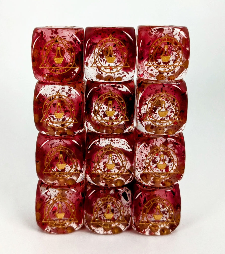 A set of 12 d6 pips with a symbol on the 6 side. The dice are diffused red with red foil inclusions.