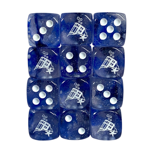 Dice Sunken Silver 12d6 pips 18mm w/ symbol