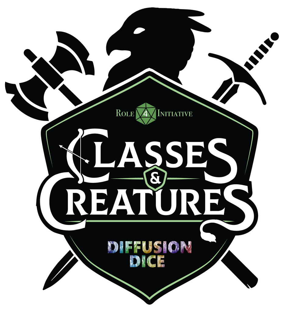 Photo shows a sticker of the Classes & Creatures logo.