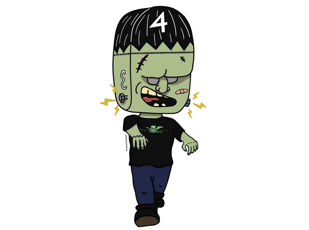 Photo shows a sticker of a cartoon Frankenstein's Monster with our Arch'd4 as the shape of his head.
