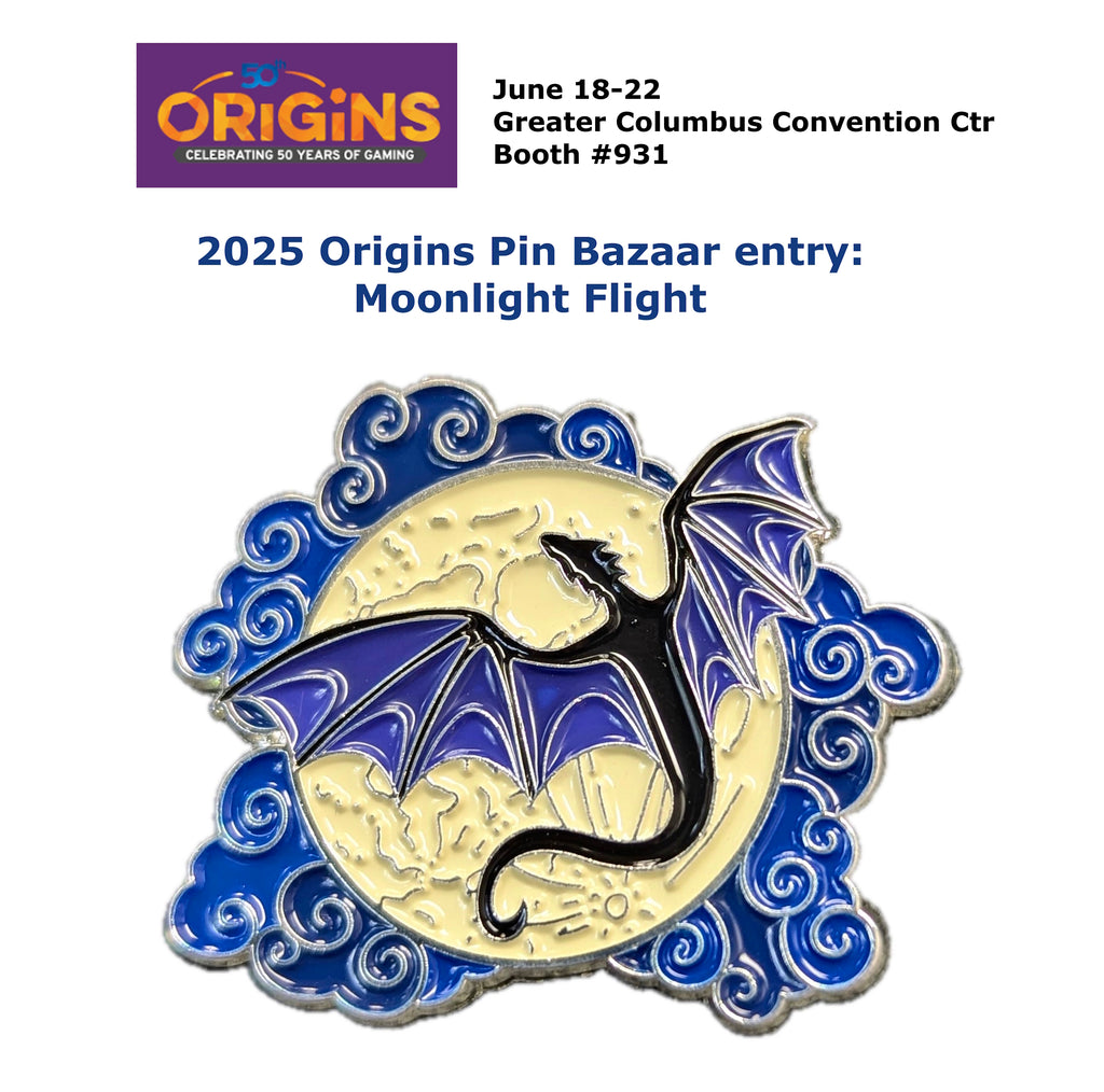 Pin with bat design on a moonlit background, featuring Origins Pin Bazaar entry details.