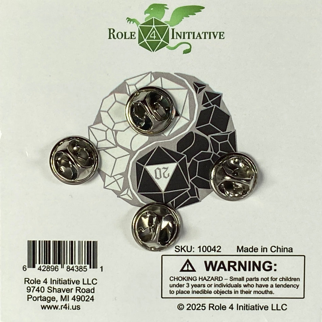 Role Initiative Yin & Yang dice 2-pin set on a white card showing the back of the card with butterfly clutch backings.