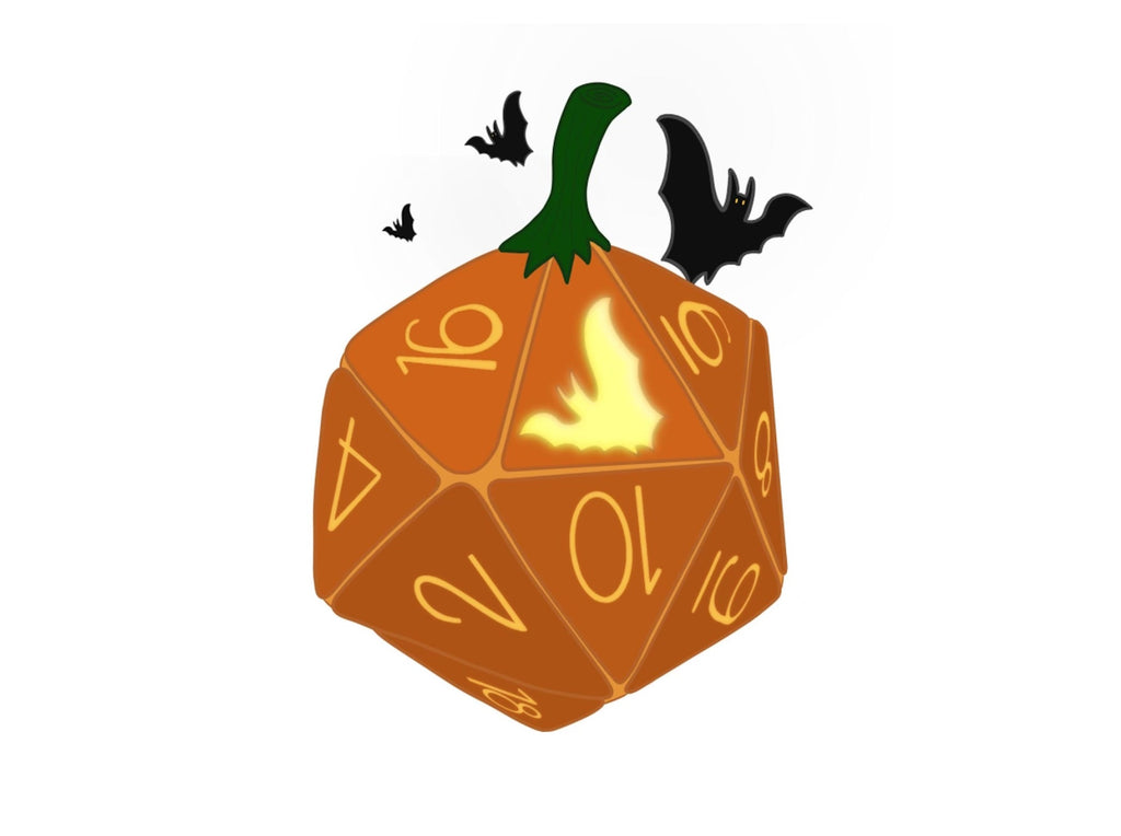 Photo shows a sticker of a pumpkin in the shape of a d20. It has a green stem, and 3 bats flying above it. It has the numbered sequence of our Balance'd20, w/ a glowing bat shape carved in the pumpkin in place of the d20.